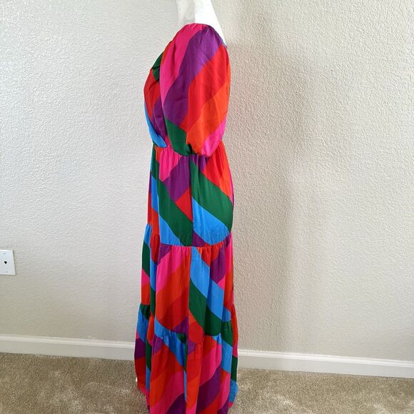 Skies are Blue Iliana Tiered Pink Colorful Maxi Dress Size Small Puffy Sleeve - Picture 7 of 16